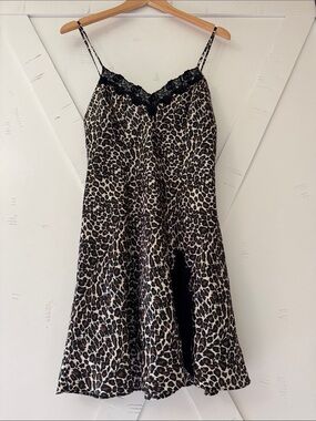 Leopard Print Lace-Trim Slip Nightgown in Brown and Black